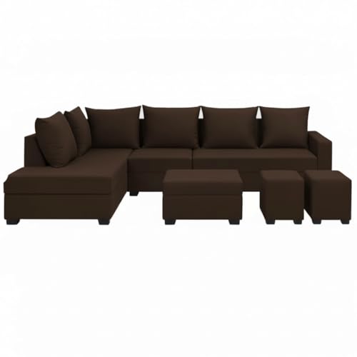 Image of FURNY Gloria 8 Seater Fabric LHS L Shape Sofa Set with 1 Centre Table & 2 Puffy (Dark Brown) Premium Velvet Finish | Ideal of Living Room