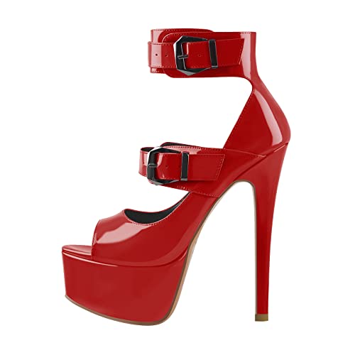 Only maker Peep Toe Mary Jane with Ankle Buckles Elegant Sexy Pole Dance High Heel Shoes Sky High Party Stiletto Sexy Red EU 39