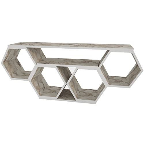 DECOROTIKA Miel Console multimédia et Support TV, Bois d'ingénierie, Effet marbre Blanc, 140cm W x 55,5cm H x 30cm D