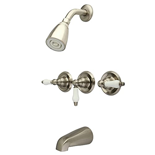 Kingston Brass KB238PL Grifería para bañera y ducha con 3 manijas de palanca de porcelana, níquel cepillado, alcance de pico de 5 pulgadas miniatura 1
