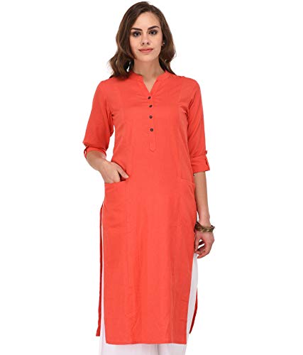 Image of Pistaa's Women's Cotton Relaxed Fit Straight Solid Kurta With Two Patch Pockets