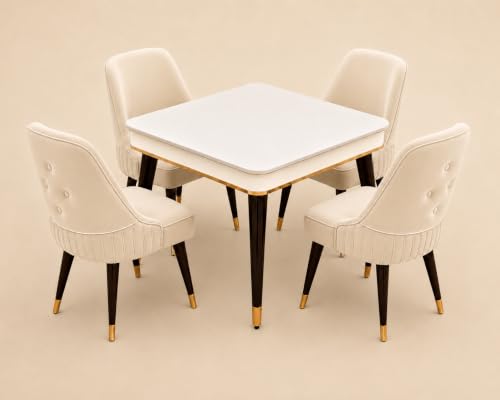 Image of WOODEN SPACE 4 Seater Wooden Dining Table Set | Urban Marble Top Dining Table with Chairs for Dining Room & Kitchen (Modern Grand Aura Beige) (42 x 42 x 30 inch)