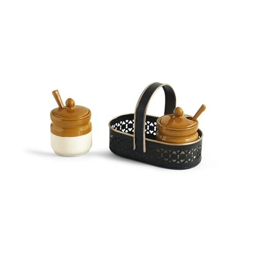 Image of ExclusiveLane 'Barni Tales' Ceramic Pickle Jars for Dining Table With Spoon & Iron Holder (Set Of 2, Non-Airtight, 270 ml)| Pickle Jar With Spoon Achar Jar Set Achar Container Set for Dining Table|