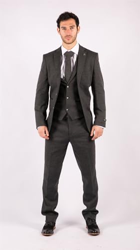 Mens Grey Black 3 Piece Tweed Suit Herringbone Wool Vintage Retro2