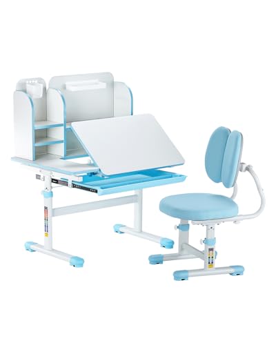 VEVOR Kids Study Chair and Desk Set, Study Desk and Chair for Kids with Bookshelf & Storage Drawer, Adjustable Height & 0-40° Tilted Desktop Desk and Chair, Study Table for Bedroom & Study Room, Blue