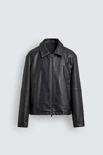 Image of EXOTIX Men's Black Leather Jacket | Collared Zip-Up, Classic Style | Black Crop Leather Jacket | Racing Sports Regular Bomber Collared Jacket for Men