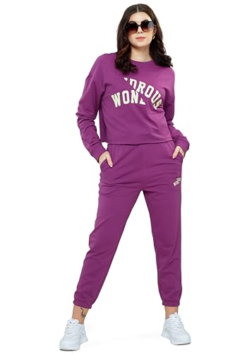 Image of ZEYO Women Cotton Track Suit Typography Printed Crop Top Co-ords Set