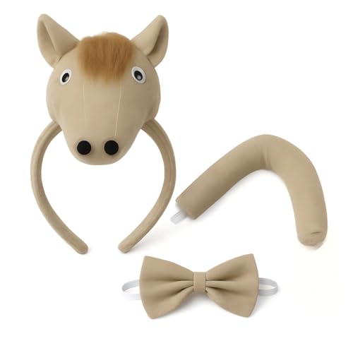 Image of Horse Headband with Bow and Tail Costume Set, Halloween Animal Ears Costume Dress Up Suit, Cosplay Party Supplies for Adult
