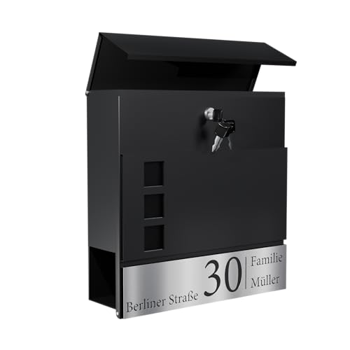 Bl4ckPrint Cassetta delle lettere personalizzata con scomparto per giornali, colore antracite, con nome, strada e numero civico, cassetta delle lettere da parete di alta qualità, con 4 chiavi