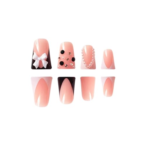 Image of French Tip Nails Press ons Black White Fake Nails Duck False Nails with Design Rhinestone Glue on Nails Bow Stick on Nails Glossy Artificial Acrylic Full Cover Nail for Women Girls Manicure 24Pcs