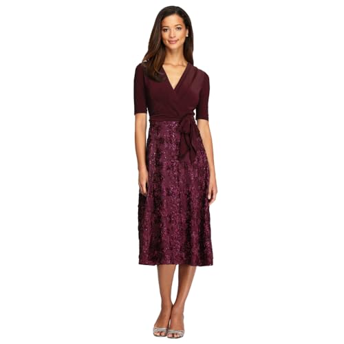 Image of Alex Evenings Women's Tea Length Dress with Rosette Detail