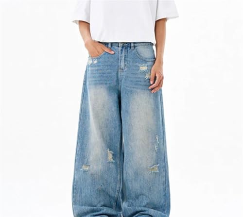 Men High Waist Wash Denim Pants Straight Leg Loose Fit Summer Casual Wide Leg Trousers2