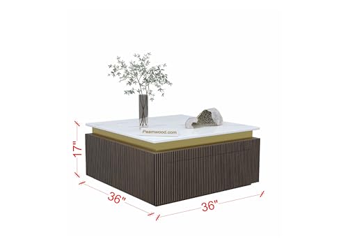 Image of Luxury Marble-Top Wooden Center Table for Living Room | Louvers | Modern Entryway Furniture | Coffee Table (36 inchX36 inchX17 inch)