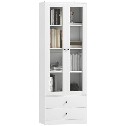 HOMCOM Aparador de Cocina Multiusos con Armario y 2 Cajones, Mueble de Salón y Sala de Estar con Puertas con Bisagras de Cristal Acolchado y Estantes Ajustables, 59x30x164 cm, Blanco