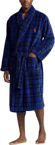 POLO RALPH LAUREN Plush Robe Royal Navy Microfiber Multi Holiday Plaid Polo Pony Player