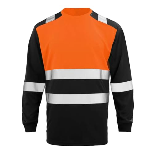 Mymyguoe Camiseta de alta visibilidad para hombre, transpirable, de manga larga, rayas reflectantes, de secado rápido, delgada, cómoda, con protección de advertencia, camiseta de trabajo, naranja, XL