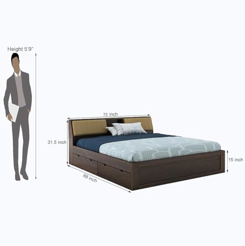 Image of STRATA FURNITURE Sheesham Wood King Size Bed with Drawer Storage Solid Wood Double Bed Palang | Wooden Bed for Bedroom Living Room Furniture (Walnut Finish)