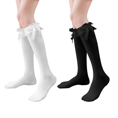 2 Paar Rüschen Kniestrümpfe Socken mit Rüschen Damen Socken Kniestrümpfe Weiß Hohe Lolita- mit Spitzenschleife Geeignet für Mädchen und Damen (Schwarz Weiß)