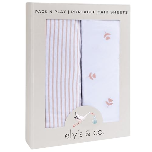 elys amp co pack and play sheets for miniportable crib 2 pack fitted playpen play yard sheet set compatible with graco pack n play for baby girls 100 cotton pink tulips and stripes 38x24x5
