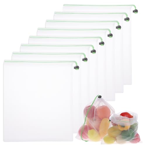 BOHUIZ 8 Stück Obst Gemüse Netztasche, Wiederverwendbar Gemüsenetz Obstnetz mit Kordelzug für frisches Gemüse Transparente Netzbeutel für Lebensmittel, Obst, Haushalt, Spielzeug, Kleinteile