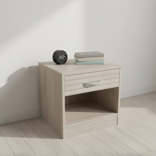 INDE MOBLEKIT | Mesita de Noche Auxiliar con Cajón y Estante Abierto, Madera Slat Color Natural, Mesilla Compacta para Dormitorio o Salón, Mesa de Noche Funcional 1 Cajón Moderna
