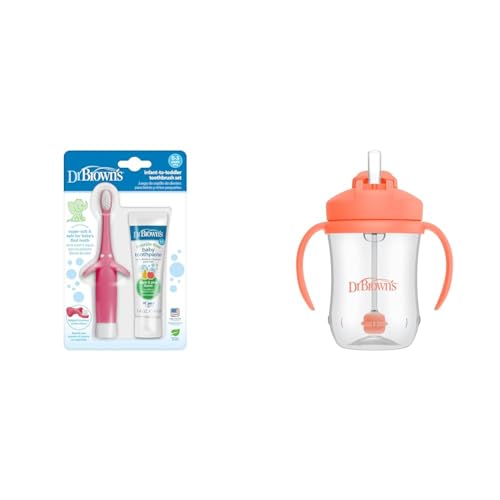 Image of Dr. Brown's Infant-to-Toddler Toothbrush Set with Fluoride-Free Toothpaste, 0-3 Years and Baby's First Straw Cup, Training Cup with Weighted Straw, Coral, 6m+