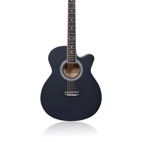 Image of Henrix Basswood PRO 40C 40-Inch Cutaway Acoustic Guitar With Dual Action Truss Rod, Gigbag, Picks, String Set, Strap, Cloth & Ebook - Black
