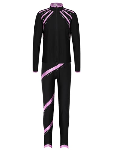 TiaoBug Kids Girls Figure Skating Outfits Roller Ice Skating Practice Training Suit Spiral Jacket Pants Tracksuit Set3