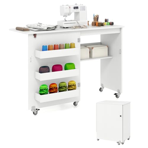 COSTWAY - COSTWAY 2 in 1 Nähtisch klappbar, Nähmaschinenschrank aus Holz mit Regalen & Ablagefach, Nähschrank mit abschließbaren Rädern, Nähmaschinentisch Basteltisch für Wohnzimmer, Schlafzimmer (Weiß)