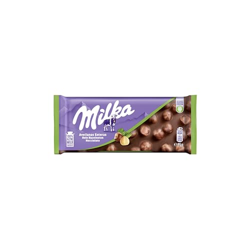 Milka Tableta de Chocolate con Leche de los Alpes con Avellanas Enteras, 95 g