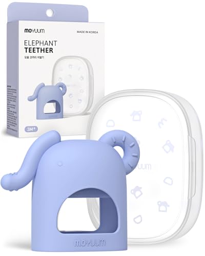 Image of Moyuum Silicone Elephant Grip Hand Teether Toy | Made in Korea, Provides Teething Relief, Wearable Teether is Easy to Hold, Drop Resistant with Adjustable Wrist Strap, Babies 3+ Months, Blue