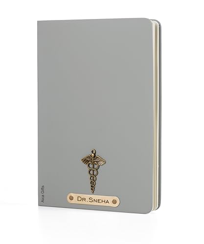 Image of AICA Personalized Name & Charm Doctor Leather Notebook Diary - A5 Size, 180 Ruled Pages (Grey) | Customized Gift for Doctors Retirement Farewell Appraisal Birthday For Men Women Girls Boys
