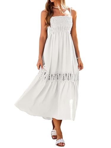 Glamaker Women's Summer Crochet Lace Maxi Dress 2026 Spaghetti Strap Smocked Flowy Beach Vacation Long Sundress with Pockets White S