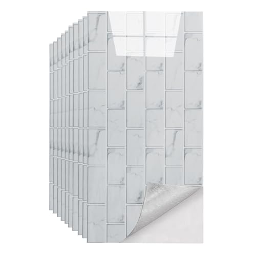 Baketron Küchen Fliesenaufkleber, 10 Stück Mosaik Fliesenaufkleber 30x60cm Weiß Badezimmer Selbstklebende Fliesendekor Aufkleber Backstein zum Küche Esszimmer Bad Fliesenfolie Deko