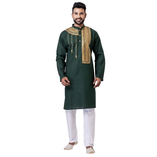 Image of Men's Dark Green Kurta with Golden Printed Design, Full Sleeve Ethnic Wear for Festive Occasions