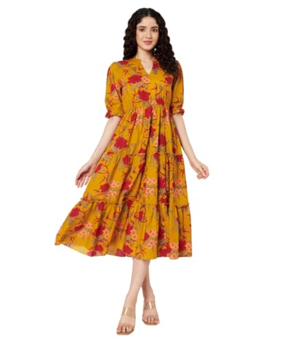 Image of PIDAVLIYA'S Women's Cotton Floral Printed Midi Dress | V-Neck Fit & Flare Dress with Puff Sleeves | Casual Summer Wear