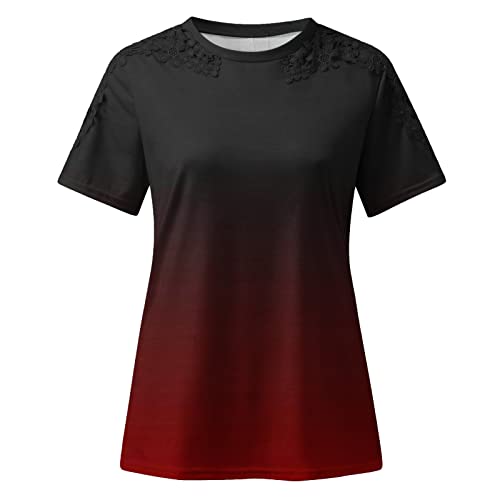 Lace Crochet Short Sleeve Tops For Women Plus Size Summer Casual T-Shirt Gradient Color Trendy Blouse 2023 #TOP3