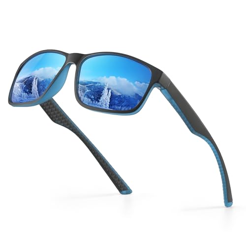 Reglaaly Polarized Sunglasses for Men Womens, Lightweight Mens Sunglasses UV Protection, Black Square Sun Glasses Driving Fishing Golf, Matte Ice Blue/Blue Mirrored Lens