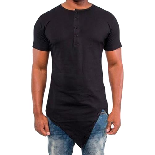 Hip Hop T-Shirt Men's Asymmetric Design Punk T-Shirt Gothic Tops Henley T-Shirt Side Split Long Tee Shirts Short Sleeve Shirt Round Neck Summer Henley Shirt Vintage Muscle Shirt, black, M
