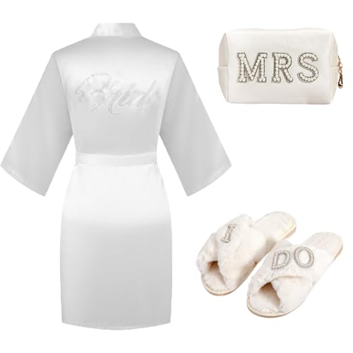 Defresit Bride Robe Satin Kimono Robe Silk Satin Dressing Gown for Women Bridesmaid Bride to Be Gifts Set with Makeup Bag Bride Slippers for Wedding White Soft Wedding Gifts Bridal Shower Gifts