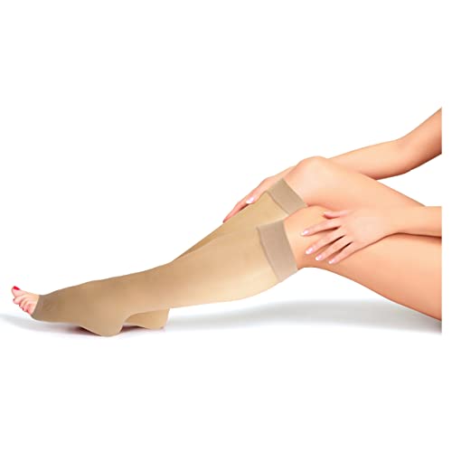 NuVein Sheer Compression Stockings for Women, 8-15 mmHg Support, Light Denier, Knee High, Open Toe, Beige, Large2