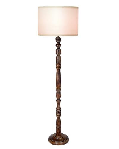 Image of Homesake Rustic Wood Floor Lamp for Living Room Walnut Brown with Shade | Light Decoration for Home Side Lamp for Living Room | Antique Floor Light, Candlestick, KD Off-White Drum