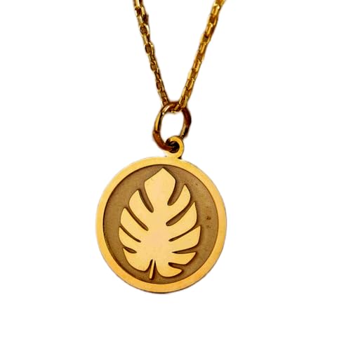 Collier pendentif pièce gravée feuille de Monstera en argent plaqué or 45 cm
