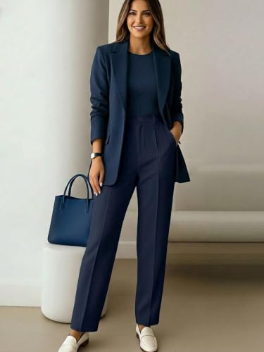 Image of KATECLO Women's High Waisted Formal Trousers - Regular Fit Straight Leg Dress Pants with Pockets for Office, Workwear, & Casual Smart Looks