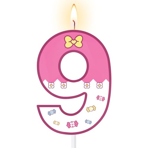 ZelZeluna Large 3D Number 1 Birthday Candles - 5 & 2.76 Inches Pink Cartoon Stuff Cake Toppers Sweet Themed Birthday Decorations for Party Favors Supplies (Number 9)