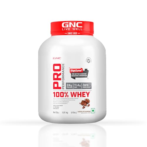 GNC Pro Performance 100% Whey Protein | 4 lbs | Muscle Growth | Muscle Recovery | DigeZyme® For Easy Digestion | Informed Choice Certified | 24g Protein | 5.5g BCAA | Chocolate Supreme | 1.81 kg