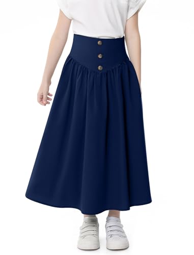 Image of Girl Maxi Skirt Elastic High Waist A-Line Long Skirt Smocked Waistband with Drawstring and Pockets 3-12 Years