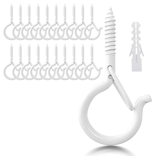 LYCXAMES Ganchos de tornillo, 20 piezas de tornillos de gancho de acero inoxidable con seguro, ganchos para atornillar, gancho de techo y de pared para colgar macetas, plantas, color blanco