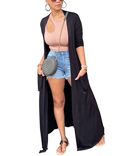 Adogirl Women's Long Sleeve Lightweight Soft Cover Ups Outerwear Casual Open Front Maxi Drape Cardigans with Pockets