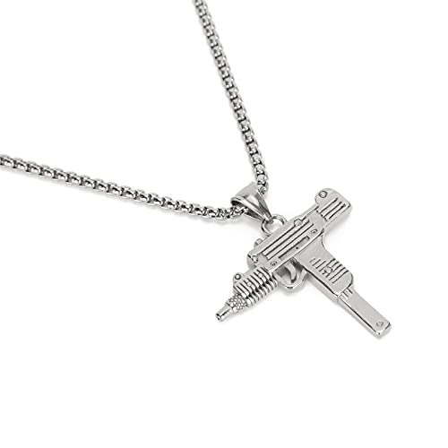 UZI Halskette mit Waffenanhänger, Waffenschmuck aus Edelstahl, Gold/Schwarz/Silber, für Männer, Frauen, Halloween-Geschenk(Silber-) Cover